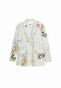 Blazer à motifs floraux en tissu crème clair. Doté d'un col à revers, de deux poches frontales et d'illustrations vibrantes dans diverses couleurs.
