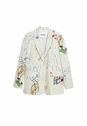 Blazer à motifs floraux en tissu crème clair. Doté d'un col à revers, de deux poches frontales et d'illustrations vibrantes dans diverses couleurs.