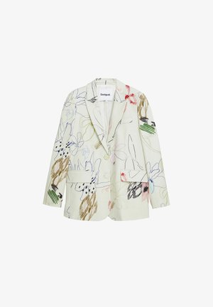Floral-patterned blazer in light cream fabric. Features a notched collar, two front pockets, and vibrant illustrations in various colors.