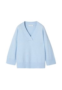 Pull tricoté bleu clair avec col en V, manches trois-quarts et ourlet côtelé. Texture douce avec une coupe décontractée, adapté pour un usage quotidien.