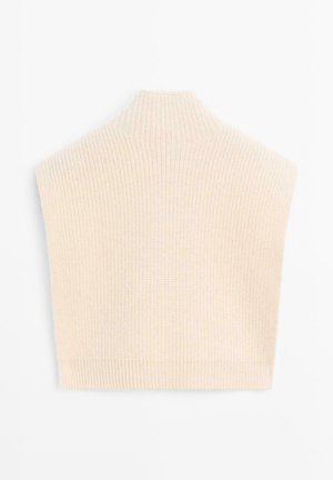 Beige Rippstrick ärmelloser Rollkragenpullover mit hohem Hals und dicker Textur vor einem weißen Hintergrund.