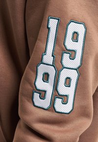 Felpa marrone con tessuto a trama, caratterizzata da un grande ricamo bianco e teal "1999" sulla manica. Il design enfatizza i numeri audaci.