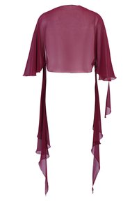 Transparenter burgunderfarbener Kimono mit weiten Ärmeln und langen Bändern. Leichter Stoff fällt sanft und hat eine glatte Textur sowie ein fließendes Design.