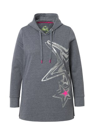 Felpa grigia con maniche lunghe; presenta un design stampato di stelle argentate metalliche e accenti rosa sui lacci. Texture morbida, fessure laterali all'orlo.