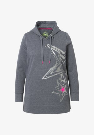 Felpa grigia con maniche lunghe; presenta un design stampato di stelle argentate metalliche e accenti rosa sui lacci. Texture morbida, fessure laterali all'orlo.