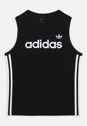 Canotta nera senza maniche Adidas con logo bianco e tre strisce bianche lungo ogni lato.