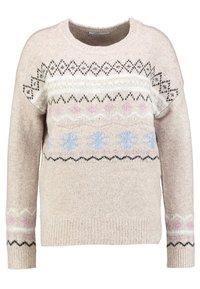 Lichtbeige gebreide trui met een ronde hals, voorzien van geometrische patronen in zwart, roze en blauw op de borst en mouwen.