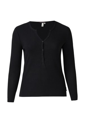 Schwarzes, geripptes Langarmshirt mit V-Ausschnitt und Knopfleiste, glatter Textur und figurbetontem Design. Akzente durch dezente Nähte gesetzt.