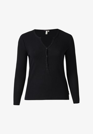 Czarny prążkowany top z długim rękawem, z dekoltem w serek i listwą z guzikami, gładką fakturą i dopasowanym krojem. Ozdobiony subtelnym przeszyciem.