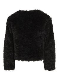 Svart pelskåpe med en crop-design, med en myk, teksturert overflate og lange ermer. Bakutsikt uten synlige festemidler eller lukking.