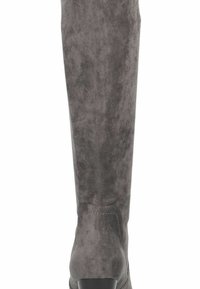 Botte haute en daim gris avec coutures visibles, petit talon noir et texture lisse, vue de dos sur fond blanc.