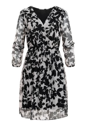 Schwarz-weißes, knielanges Blumenkleid mit langen, transparenten Ärmeln, V-förmigem Wickel-Ausschnitt und tailliertem Bund.