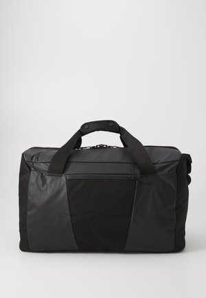 Black duffel bag with fabric blend; features sturdy dual handles, front zip pocket, and textured design with matte and glossy panels.