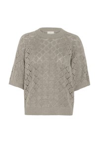 Pull court à manches courtes en tricot gris clair avec un motif en dentelle en forme de losange et un col rond côtelé, des poignets côtelés et un ourlet côtelé.