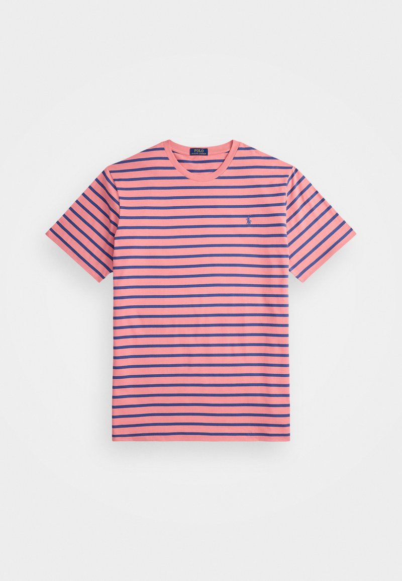 Gestreiftes T-Shirt in Hellrosa und Marineblau. Rundhals, kurze Ärmel, Baumwollstoff. Auffälliges kleines Logo auf der linken Seite.
