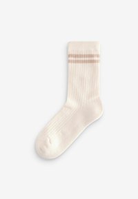 Calze fino al ginocchio in beige chiaro con costine verticali e due strisce marroni nella parte superiore. Tessuto morbido e design della punta arrotondata.