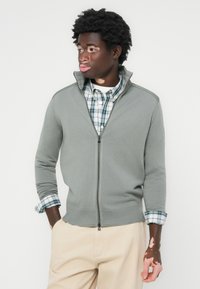 Light gray zip-up sweater with a high collar, ribbed cuffs, worn over a blue and white plaid shirt. The fabric appears soft and textured.