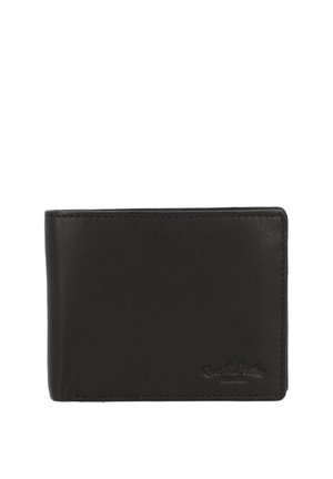Schwarze Leder-Bifold-Geldbörse mit genähten Kanten und kleinem geprägt Markenlogo in der unteren rechten Ecke.