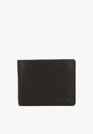 Schwarze Leder-Bifold-Geldbörse mit genähten Kanten und kleinem geprägt Markenlogo in der unteren rechten Ecke.