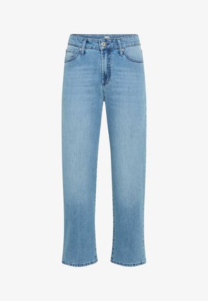 Jeans denim azzurri chiaro a gamba dritta con bottoni e cerniera frontali, tasche anteriori e posteriori e passanti per cintura.