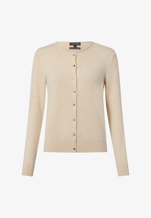 Beige vest gemaakt van biologisch katoen, met een ronde halslijn, lange mouwen en een knoopsluiting vooraan met zilverkleurige details.