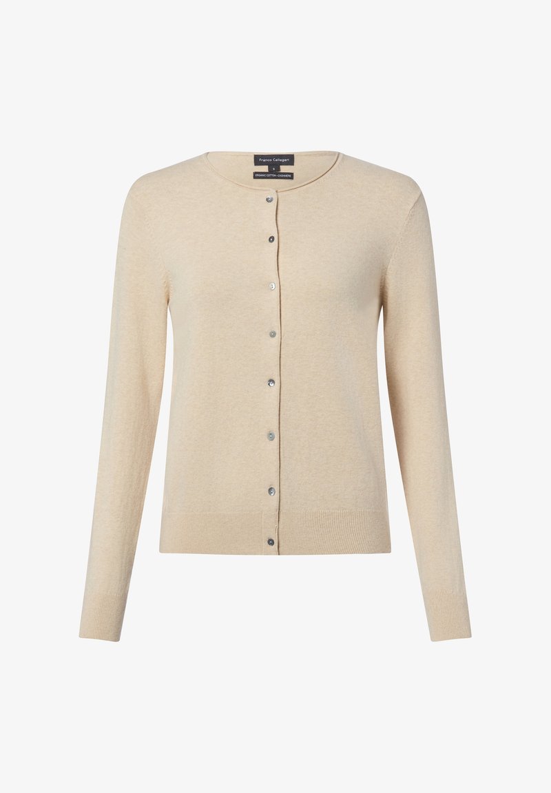 Cardigan beige en coton biologique, doté d'un col rond, de manches longues et d'une fermeture à boutons avec une quincaillerie ton argent.