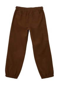 Brown cotton cargo pants with an elastic waistband, tapered cuffs, and a side pocket for storage. Smooth texture and relaxed fit.
