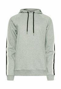 Sudadera con capucha gris con cordones negros, franjas blancas en contraste en las mangas, bolsillo frontal y puños acanalados.