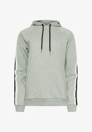 Grijze hoodie met zwarte koordjes, contrasterende witte strepen op de mouwen, een voorzak en geribbelde manchetten.