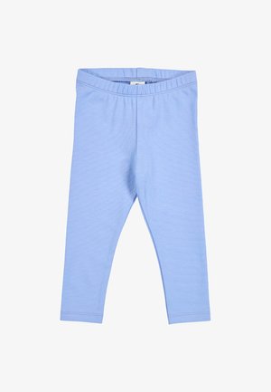 Leggings pour bébé bleu clair, longueur intégrale, avec taille élastique, en tissu doux et lisse, présentés à plat sur un fond blanc.