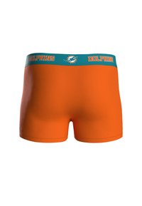 Boxers para hombre en un vibrante tejido naranja con una textura suave. Cuentan con una cinturilla elástica color teal con acentos de "DOLPHINS" y logo.