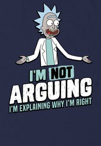 Grafitowy t-shirt z postacią z kreskówki o kolczastych jasnoniebieskich włosach, w białym fartuchu laboratoryjnym, na ciemnym tle. Tekst: "NIE KŁÓCĘ SIĘ, WYJAŚNIAM DLACZEGO MAM RACJĘ."