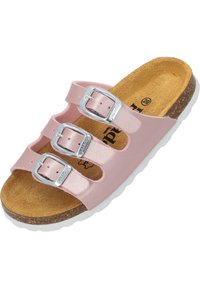 Infradito rosa realizzato in materiale sintetico con tre cinghie regolabili e fibbie argentate. Sottopiede in sughero e suola in gomma bianca.