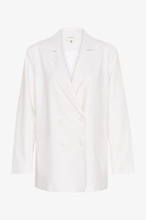 Biely sako s dvojitým zapínaním a klopami, dlhými rukávmi a dvoma prednými vreckami. Vyrobené z ľahkej, textúrovanej látky.