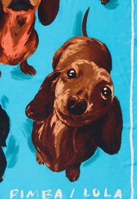 Art print featuring two brown stylized dachshund dogs on a bright blue background. The dogs have glossy fur and expressive eyes.