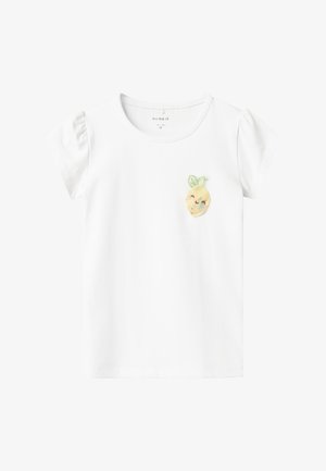 Biała bawełniana koszulka z krótkimi bufkami, z żółtym haftowanym patchworkiem cytryny z przodu z lewej strony.