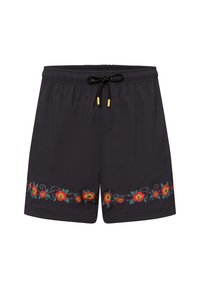 Zwarte zwembroek met een elastische tailleband, koord en rode bloemenborduring langs de zoom. Glad materiaal met een aanpasbare pasvorm.