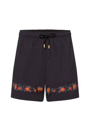 Schwarze Badetaschen mit einem elastischen Bund, Kordelzug und roter Floralstickerei entlang des Saums. Glattes Material mit anpassbarem Sitz.