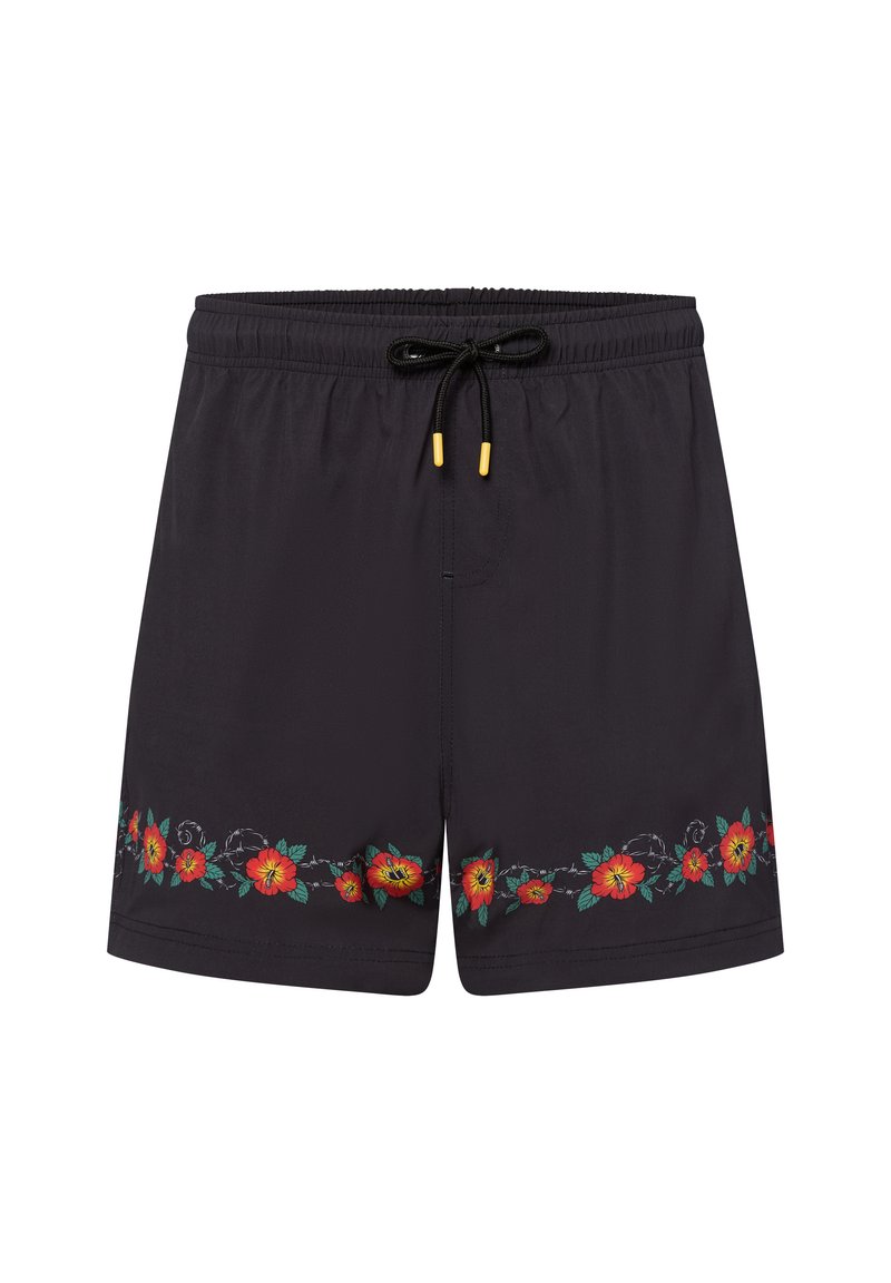 Zwarte zwembroek met een elastische tailleband, koord en rode bloemenborduring langs de zoom. Glad materiaal met een aanpasbare pasvorm.