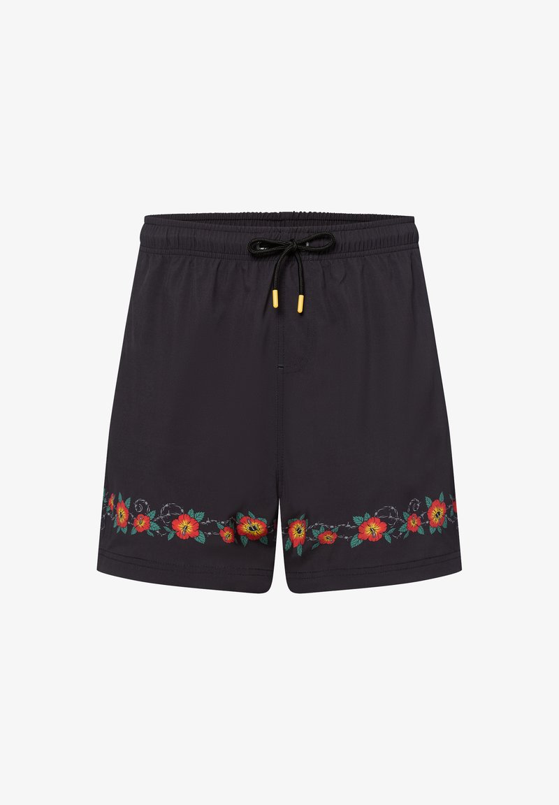 Zwarte zwembroek met een elastische tailleband, koord en rode bloemenborduring langs de zoom. Glad materiaal met een aanpasbare pasvorm.