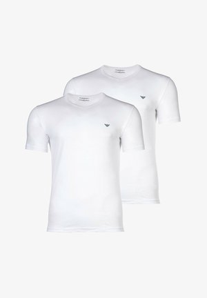 Witte katoenen T-shirts met korte mouwen en een subtiel geborduurd logo op de borst. V-hals ontwerp, gladde textuur en klassieke pasvorm. Verpakt per twee.