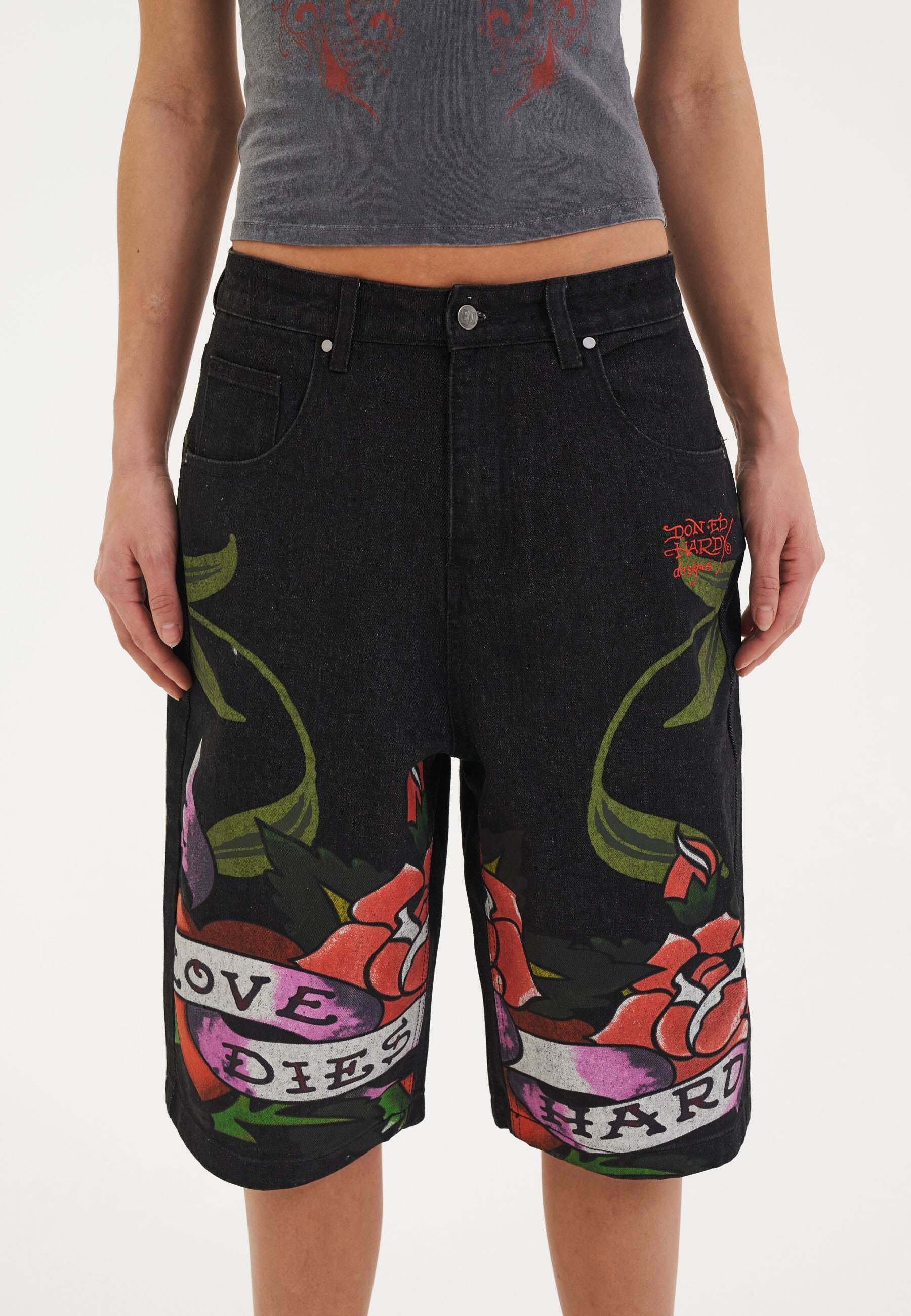 Ed Hardy CHERRY LOVE BOMB - Shorts di jeans - black/nero