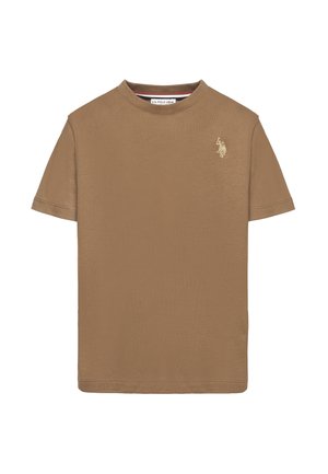 T-shirt marrone a maniche corte U.S. Polo Assn. con scollo rotondo e logo ricamato sul petto a sinistra.