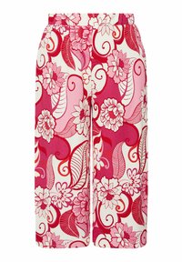 Blommiga culotter med stora rosa och röda blommor samt virvlande blad på en krämfärgad bakgrund. Resårmidja för komfort.