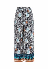 Culotte-Style Hosen aus dunkelblauem Stoff mit floralen und blätterartigen Mustern in hellblau, braun und creme, ausgestattet mit einem elastischen Bund.