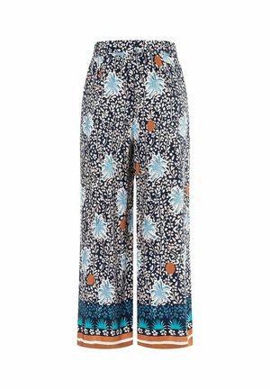Spodnie w stylu culotte w ciemnoniebieskim materiale z kwiatowymi i liściastymi wzorami w jasnoniebieskim, brązowym i kremowym kolorze, z elastyczną talią.