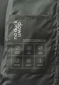 L'etichetta della giacca nera presenta un'imbottitura riciclata. Include icone per comfort accogliente, resistenza al vento, traspirabilità, regolabilità e calore.