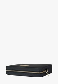 Bustina rettangolare nera con cerniera dorata e piccola targhetta quadrata dorata sul lato superiore, mostrata su sfondo bianco.