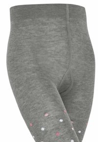 Grijze leggings met een zachte textuur, voorzien van een brede tailleband en een patroon van roze en witte stippen op het onderbeen.