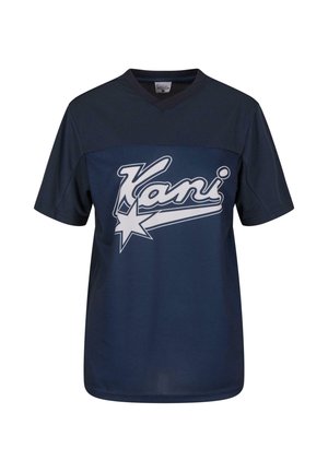 Marineblaues Sport-T-Shirt mit kurzen Ärmeln, V-Ausschnitt und weißem "Kani"-Logo auf der Vorderseite, das ein Sternmotiv zeigt. Glattes, leichtes Material.